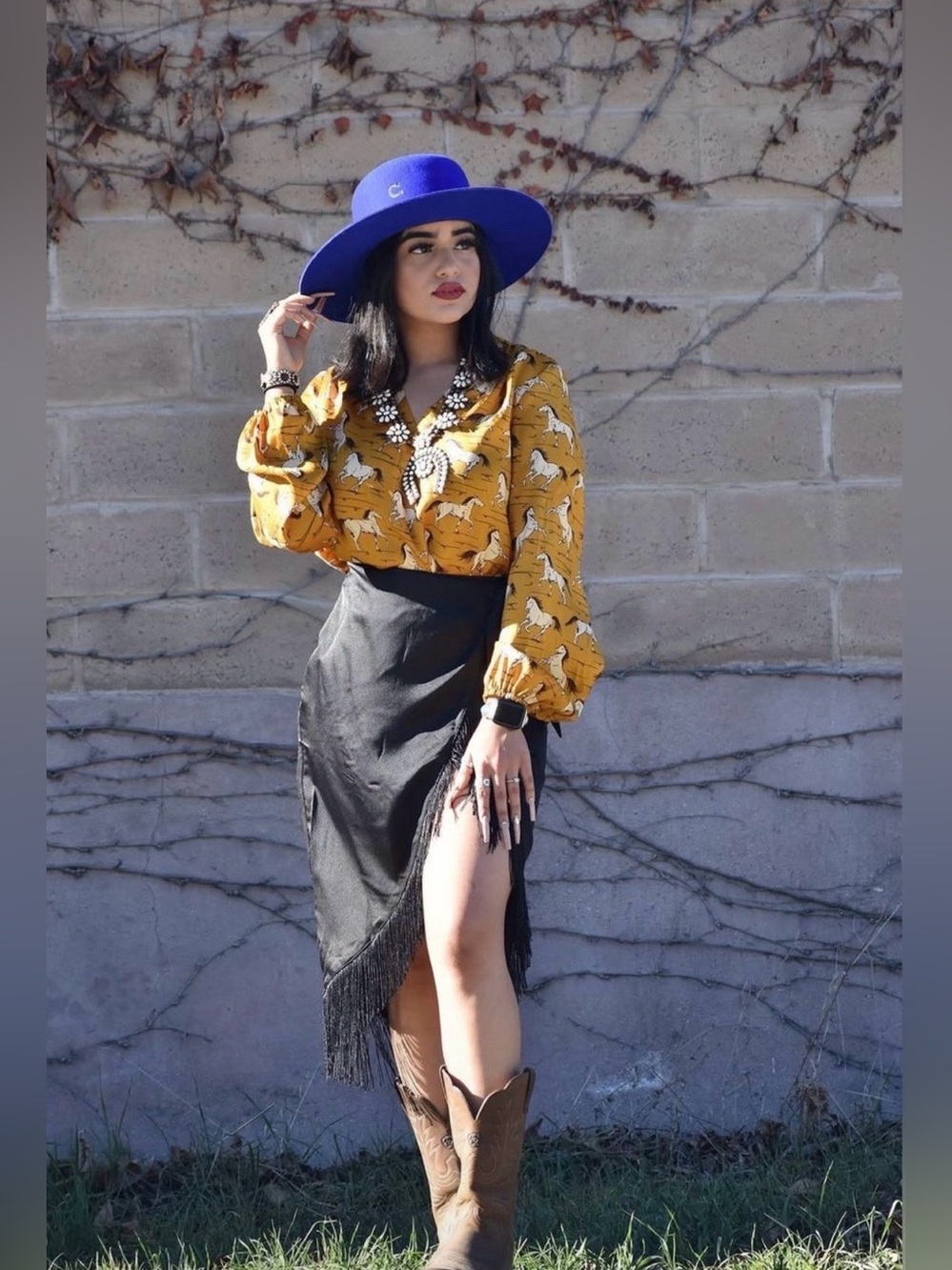 Mustard Yellow Horse Print V-Neck Blouse